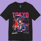 "Black graphic tee featuring anime girl under umbrella, inspired by Tokyo nightlife fashion"