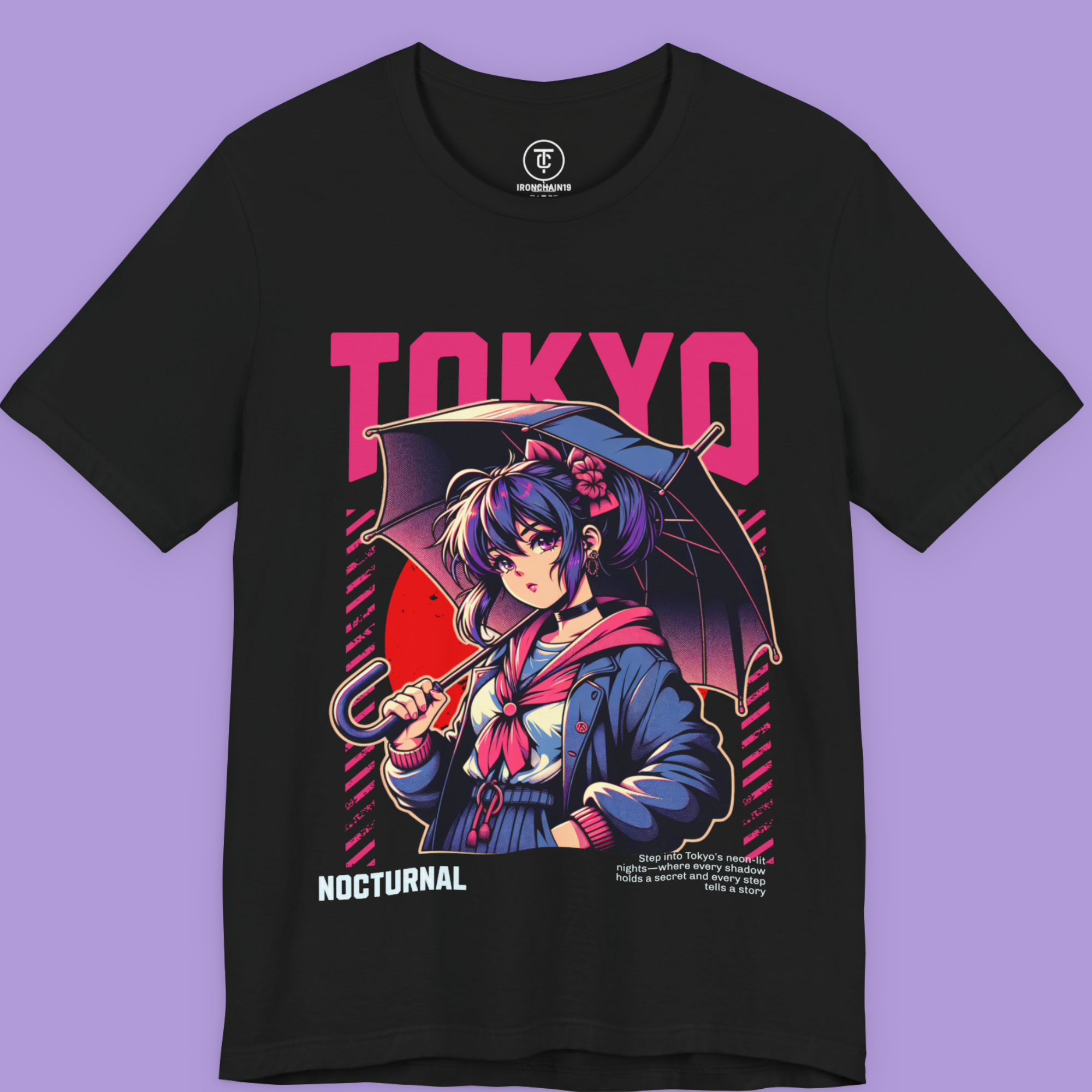 "Black graphic tee featuring anime girl under umbrella, inspired by Tokyo nightlife fashion"