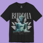Buddha Statue T-Shirt Spiritual Meditation Graphic Tee with Lotus Flower background.