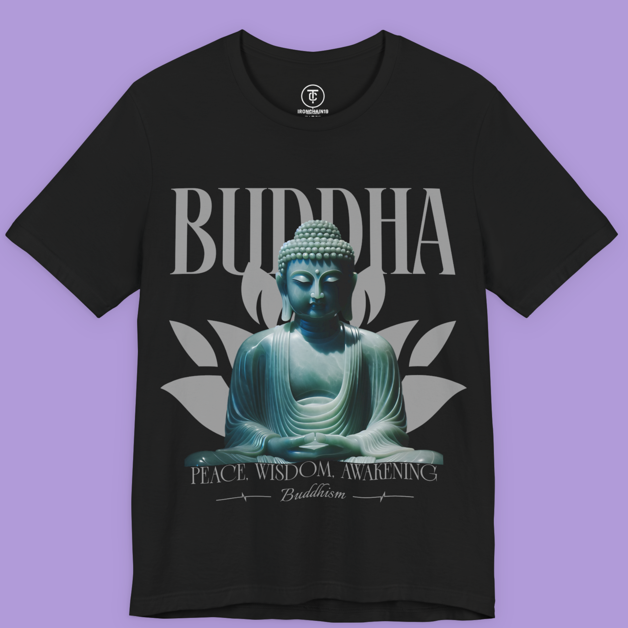 Buddha Statue T-Shirt Spiritual Meditation Graphic Tee with Lotus Flower background.