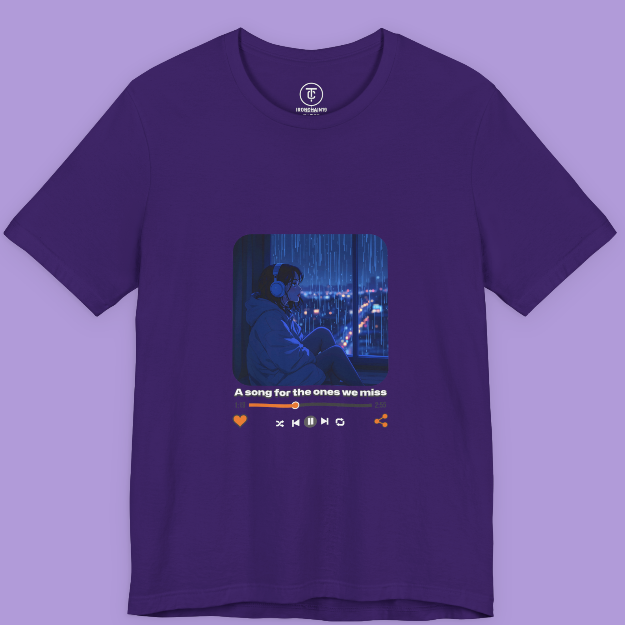 "Lo-fi anime girl t-shirt featuring sad aesthetic design with headphones and rainy night city lights – Bella+Canvas 3001 streetwear"