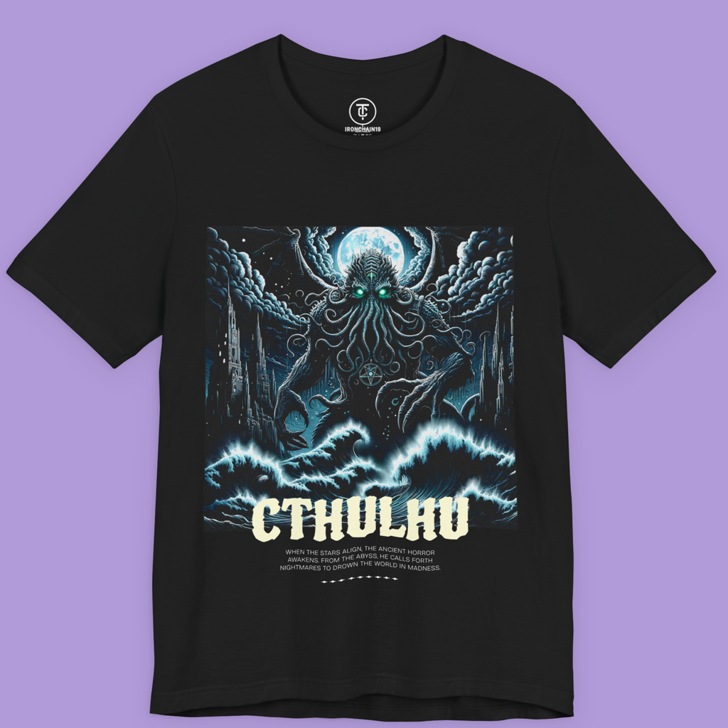 "Cthulhu graphic t-shirt in gothic streetwear style – oversized black and white design by Ironchain19"