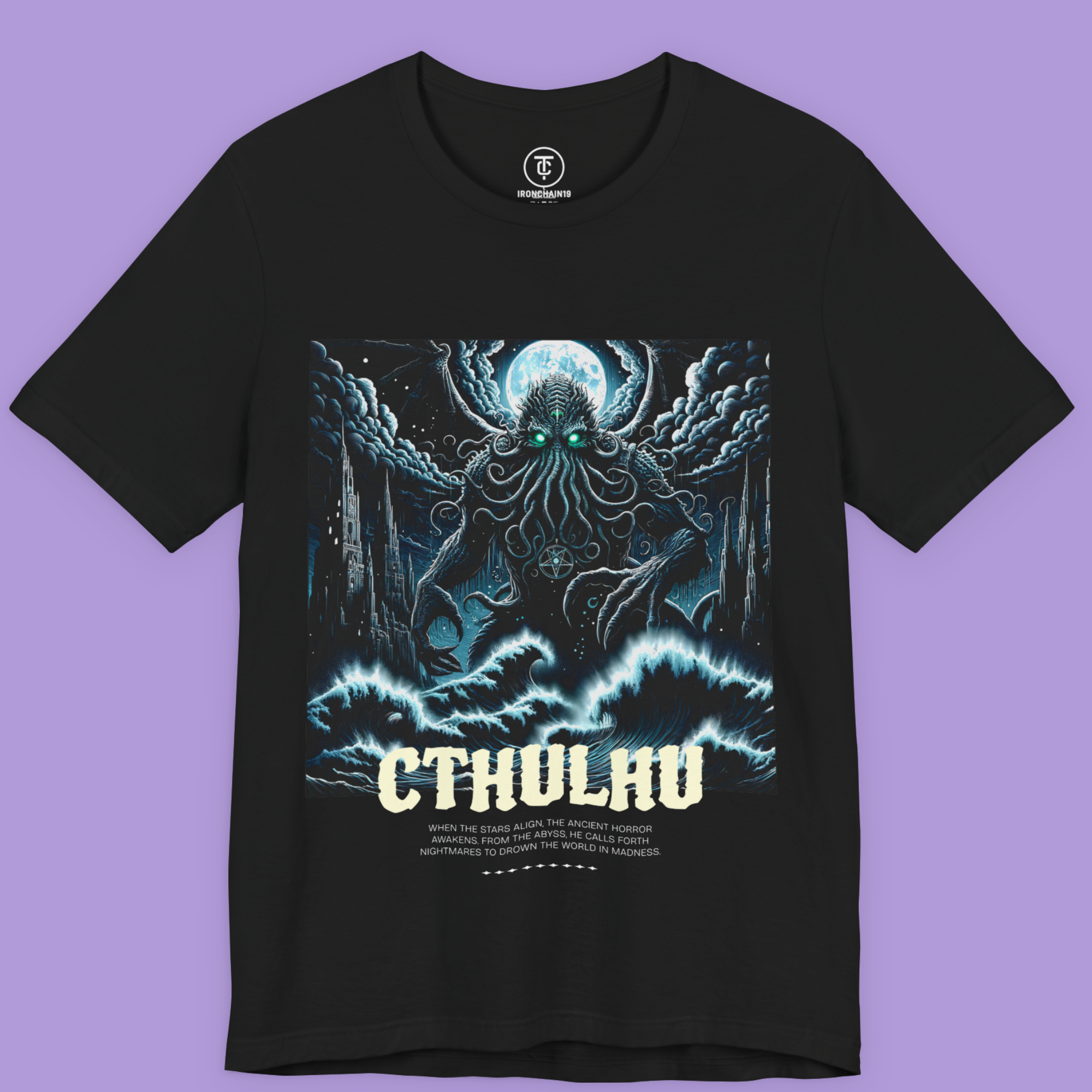 "Cthulhu graphic t-shirt in gothic streetwear style – oversized black and white design by Ironchain19"