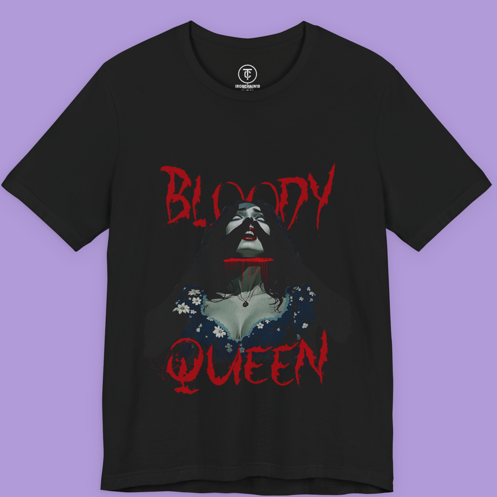 Bloody Queen T-Shirt Vampire Gothic Horror Movie Graphic Tee with red text.