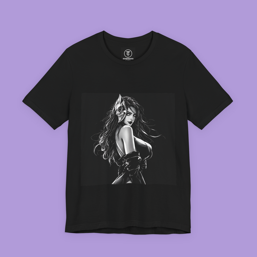 Dark aesthetic anime girl shirt with mysterious Oni mask, perfect for gothic streetwear and otaku fashion enthusiasts.