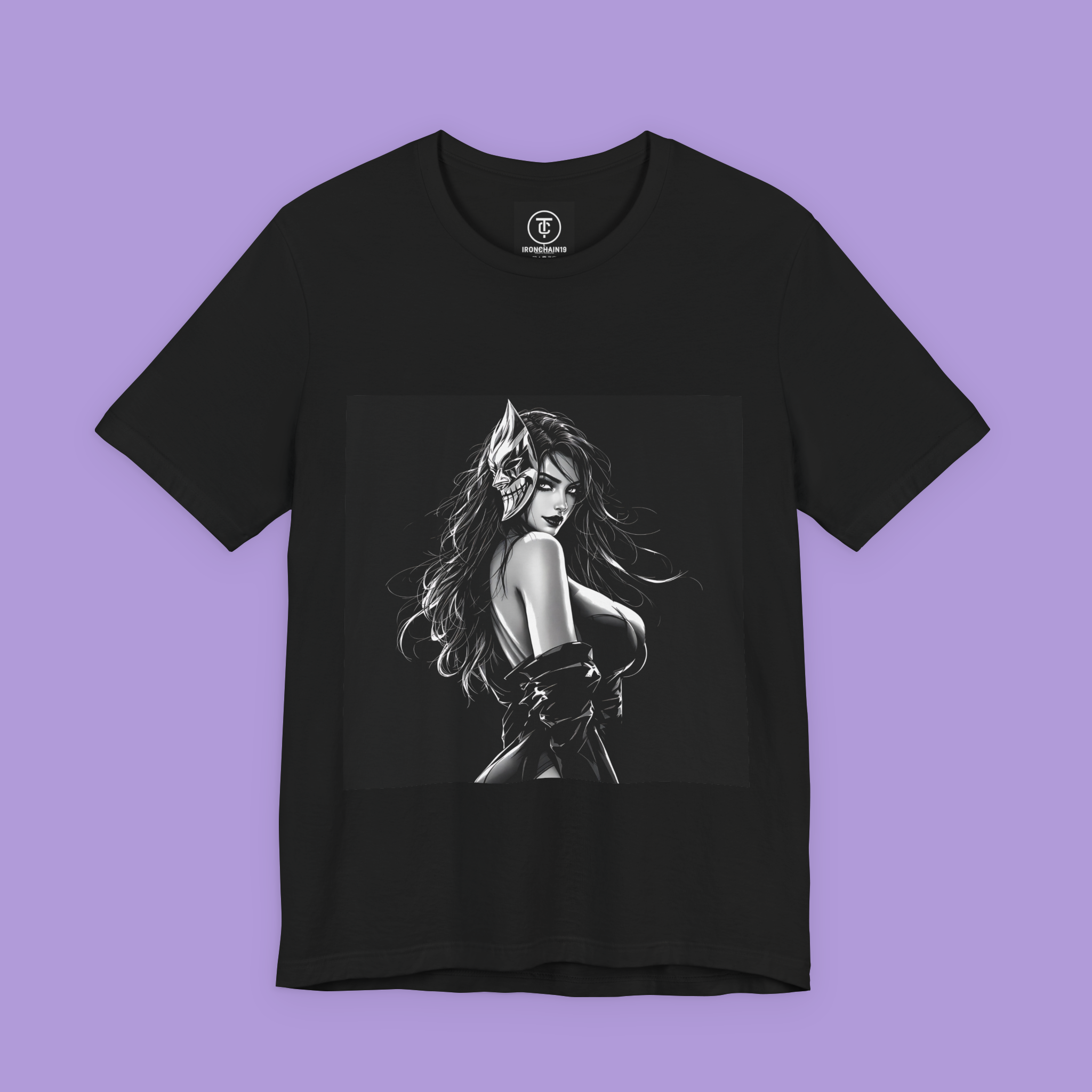 Dark aesthetic anime girl shirt with mysterious Oni mask, perfect for gothic streetwear and otaku fashion enthusiasts.