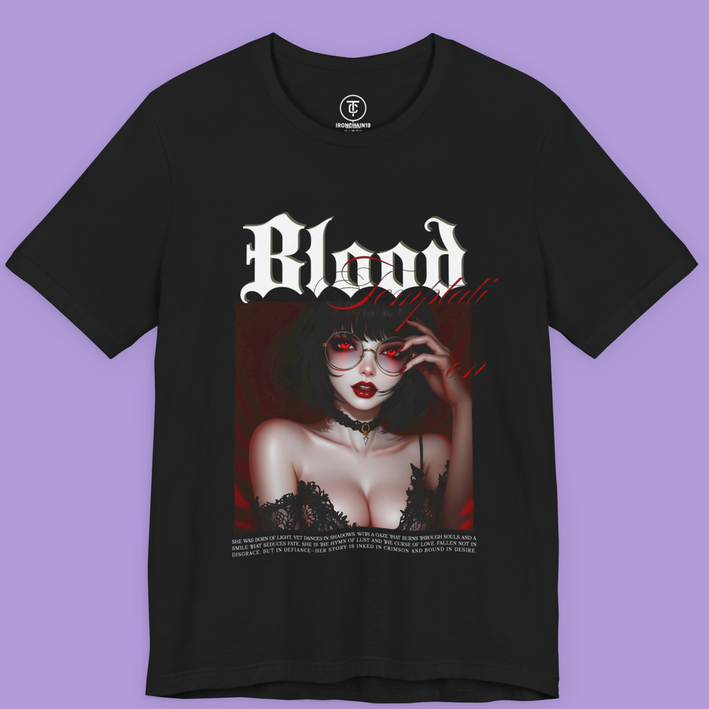 Dark Manga Girl Streetwear T-Shirt design with blood and captivating look.