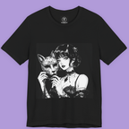 Alternative Fashion shirt with feline mask and elegant dark aesthetic portrait.