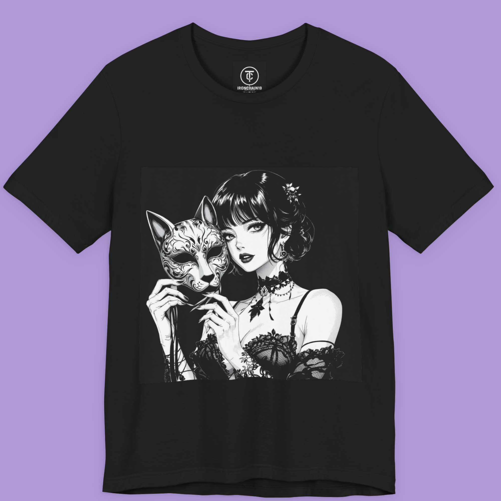 Alternative Fashion shirt with feline mask and elegant dark aesthetic portrait.