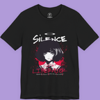 Close-up of E-Girl Anime Graphic T-Shirt design with "Banish the silence" quote.