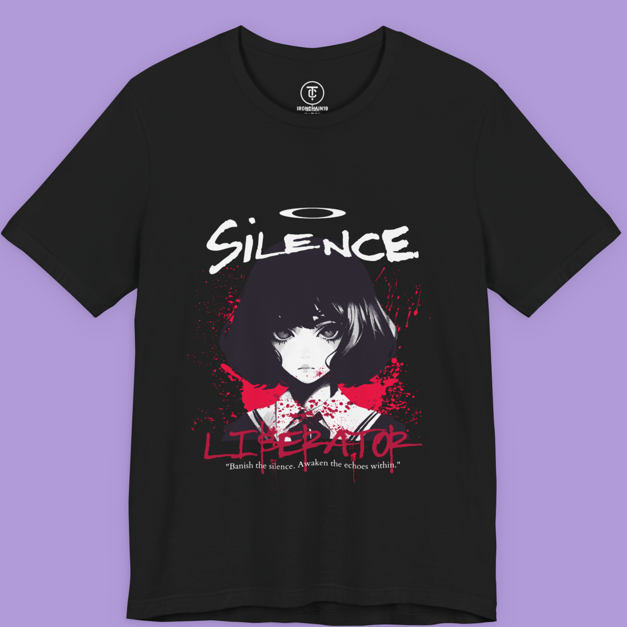 Close-up of E-Girl Anime Graphic T-Shirt design with "Banish the silence" quote.