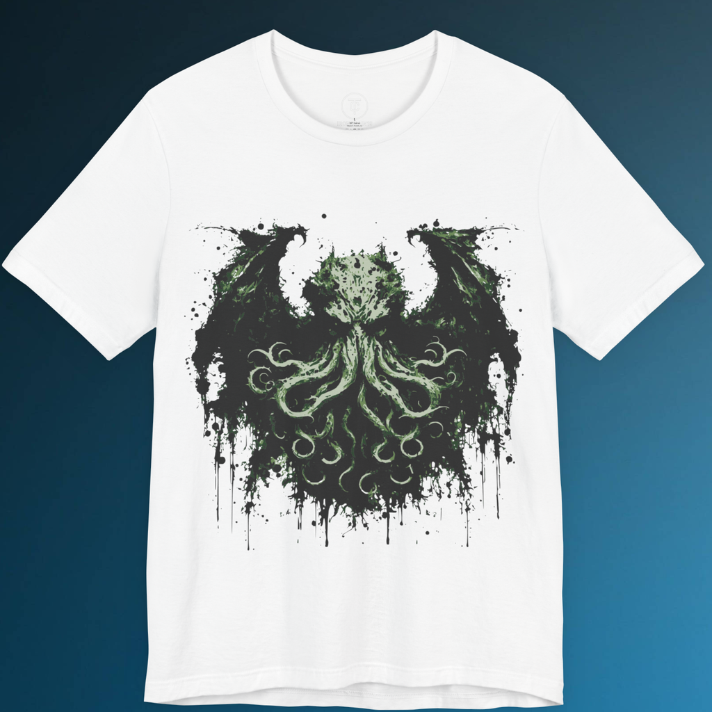 "White Cthulhu t-shirt with dripping green and black tentacle design, gothic Lovecraft horror streetwear"