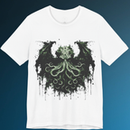 "White Cthulhu t-shirt with dripping green and black tentacle design, gothic Lovecraft horror streetwear"