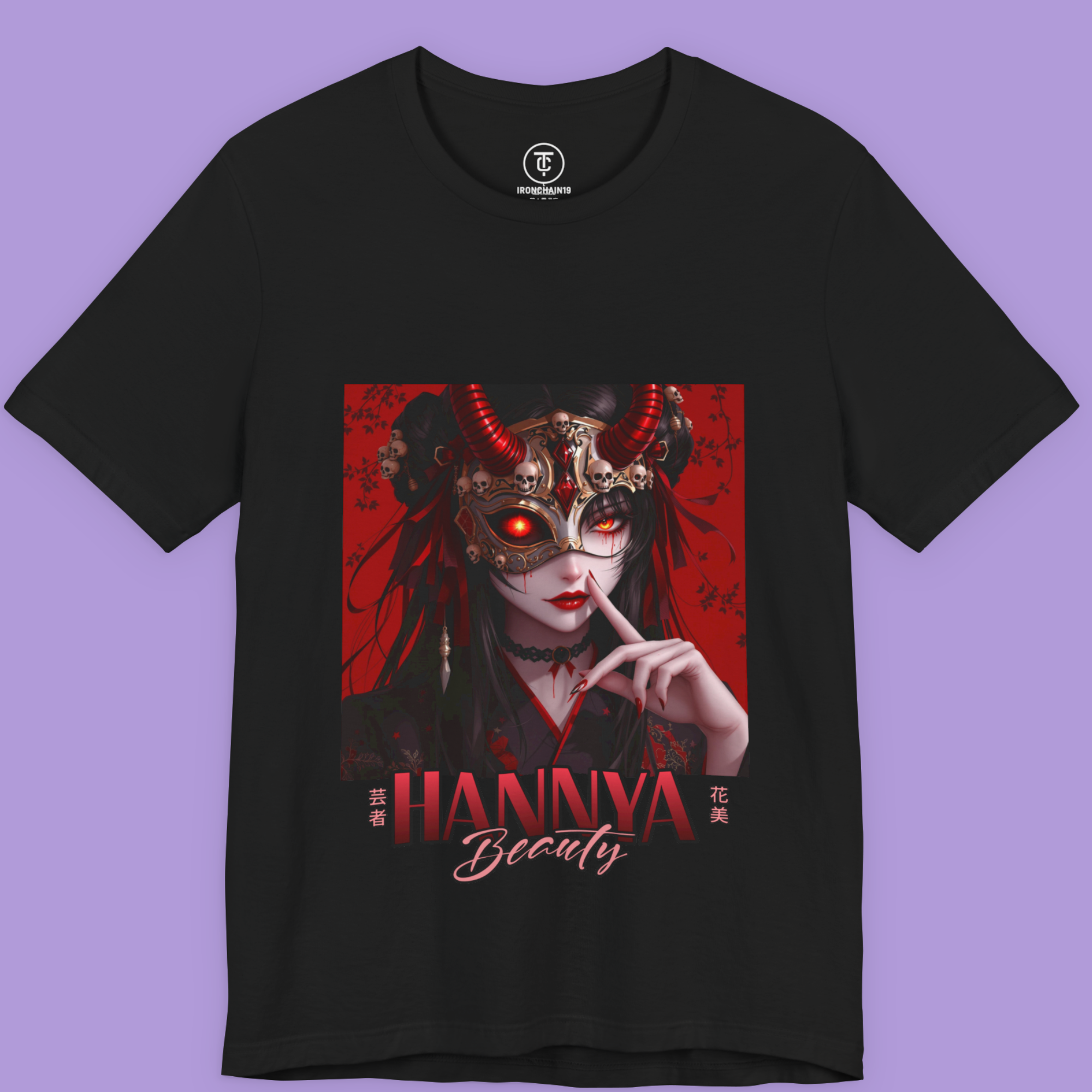 Oni Mask Cyberpunk Streetwear T-Shirt featuring anime geisha with horns