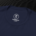 A close-up of the inside collar of a  cotton t-shirt from Ironchain 19. The tagless printed label features a sleek white logo with a chain illustration, surrounded by number19 . Below the logo, the text indicates the shirt is 100% cotton, made in Bangladesh, and includes washing care symbols. The soft fabric and seamless neckline highlight the premium quality and comfort of this Gothic aesthetics  perfect for cat lovers and fans of modern streetwear fashion.