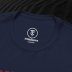 A close-up of the inside collar of a  cotton t-shirt from Ironchain 19. The tagless printed label features a sleek white logo with a chain illustration, surrounded by number19 . Below the logo, the text indicates the shirt is 100% cotton, made in Bangladesh, and includes washing care symbols. The soft fabric and seamless neckline highlight the premium quality and comfort of this Gothic aesthetics  perfect for cat lovers and fans of modern streetwear fashion.