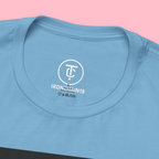 A close-up of the inside collar of a  cotton t-shirt from Ironchain 19. The tagless printed label features a sleek white logo with a chain illustration, surrounded by number19 . Below the logo, the text indicates the shirt is 100% cotton, made in Bangladesh, and includes washing care symbols. The soft fabric and seamless neckline highlight the premium quality and comfort of this Gothic aesthetics  perfect for cat lovers and fans of modern streetwear fashion.