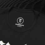 A close-up of the inside collar of a  cotton t-shirt from Ironchain 19. The tagless printed label features a sleek white logo with a chain illustration, surrounded by number19 . Below the logo, the text indicates the shirt is 100% cotton, made in Bangladesh, and includes washing care symbols. The soft fabric and seamless neckline highlight the premium quality and comfort of this Gothic aesthetics  perfect for cat lovers and fans of modern streetwear fashion.