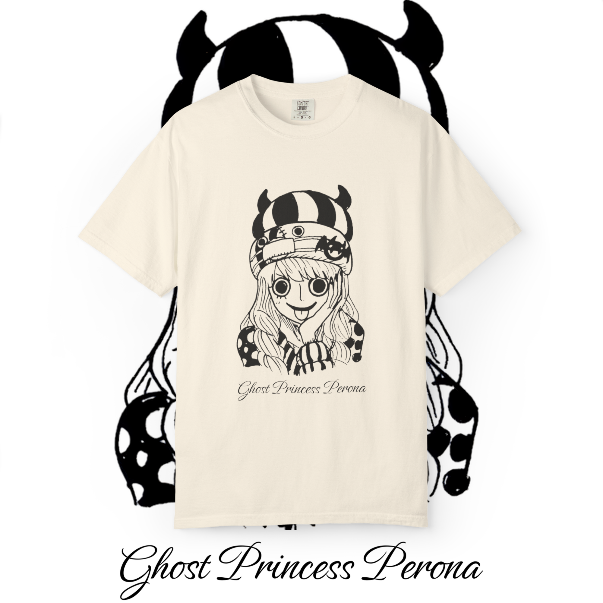 "White oversized Perona One Piece shirt with manga-inspired character illustration"