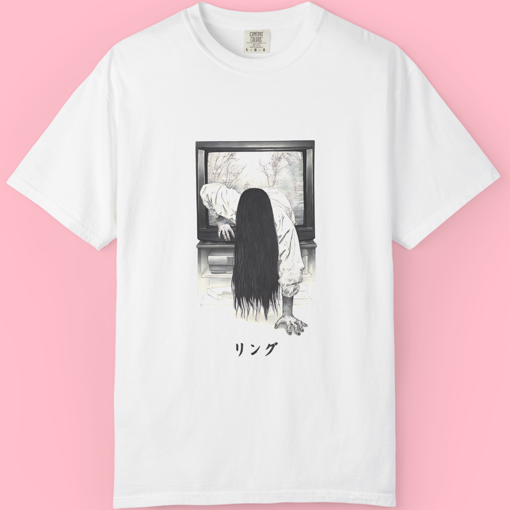 "The Ring inspired Japanese horror graphic tee with creepy Sadako design in black and white"