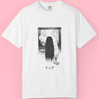 "The Ring inspired Japanese horror graphic tee with creepy Sadako design in black and white"
