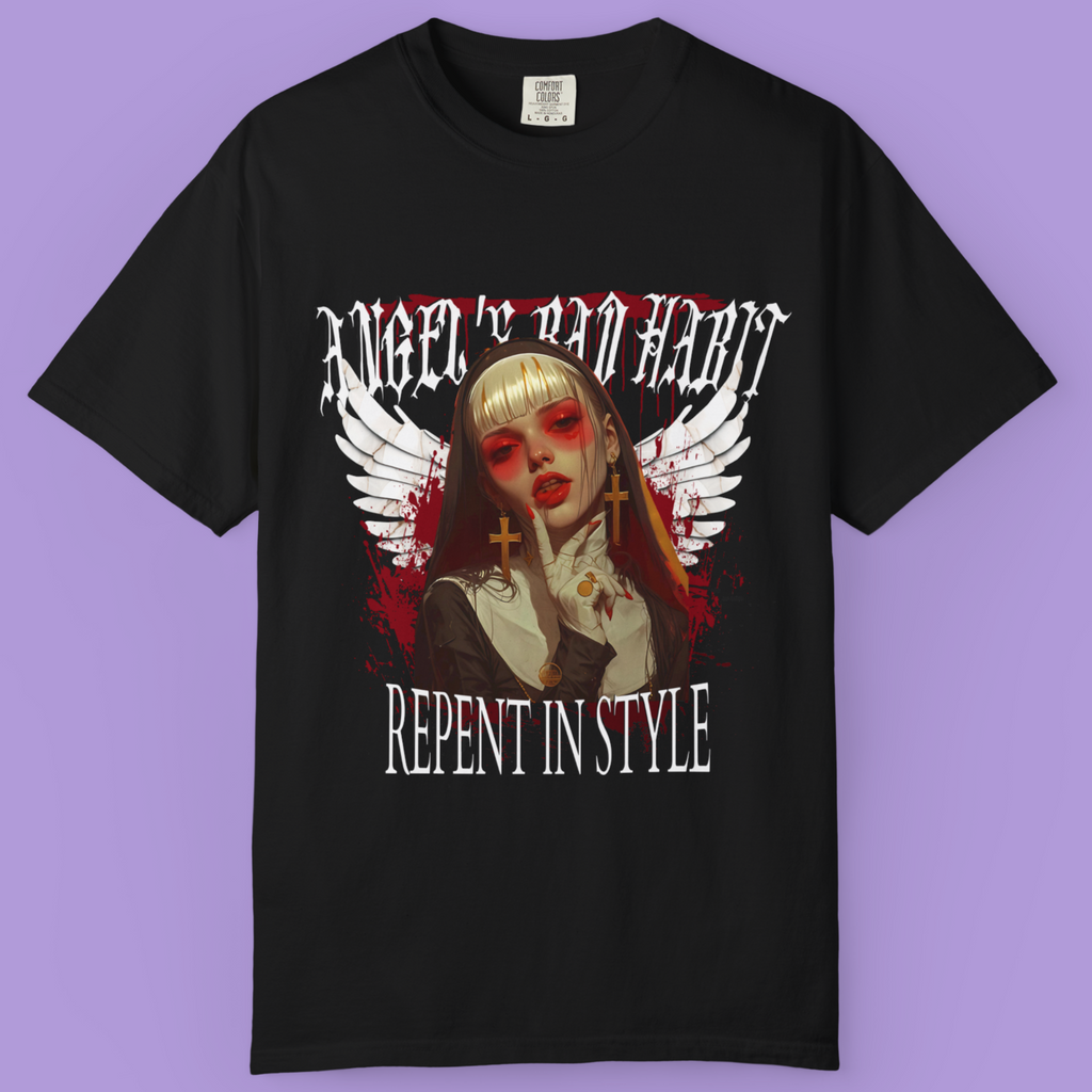 Close-up of Goth Core Streetwear shirt showing the nun's blonde hair and crucifix necklaces.