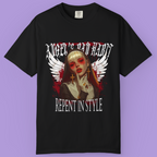 Close-up of Goth Core Streetwear shirt showing the nun's blonde hair and crucifix necklaces.