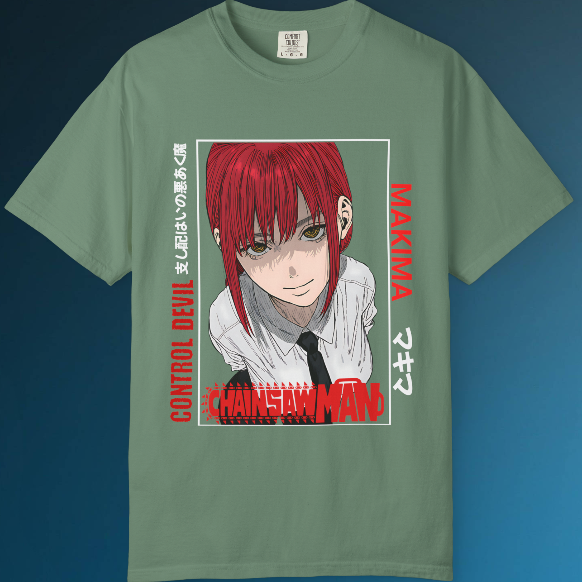 Black anime graphic tee featuring Makima from Chainsaw Man with bold design