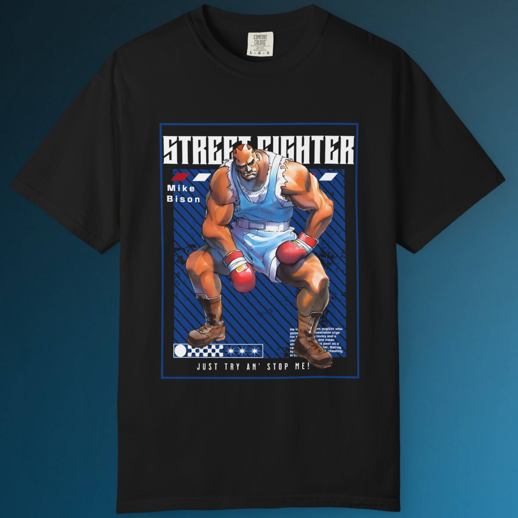 Unisex arcade fighting game T-shirt showcasing Mike Bison character in dynamic boxing pose