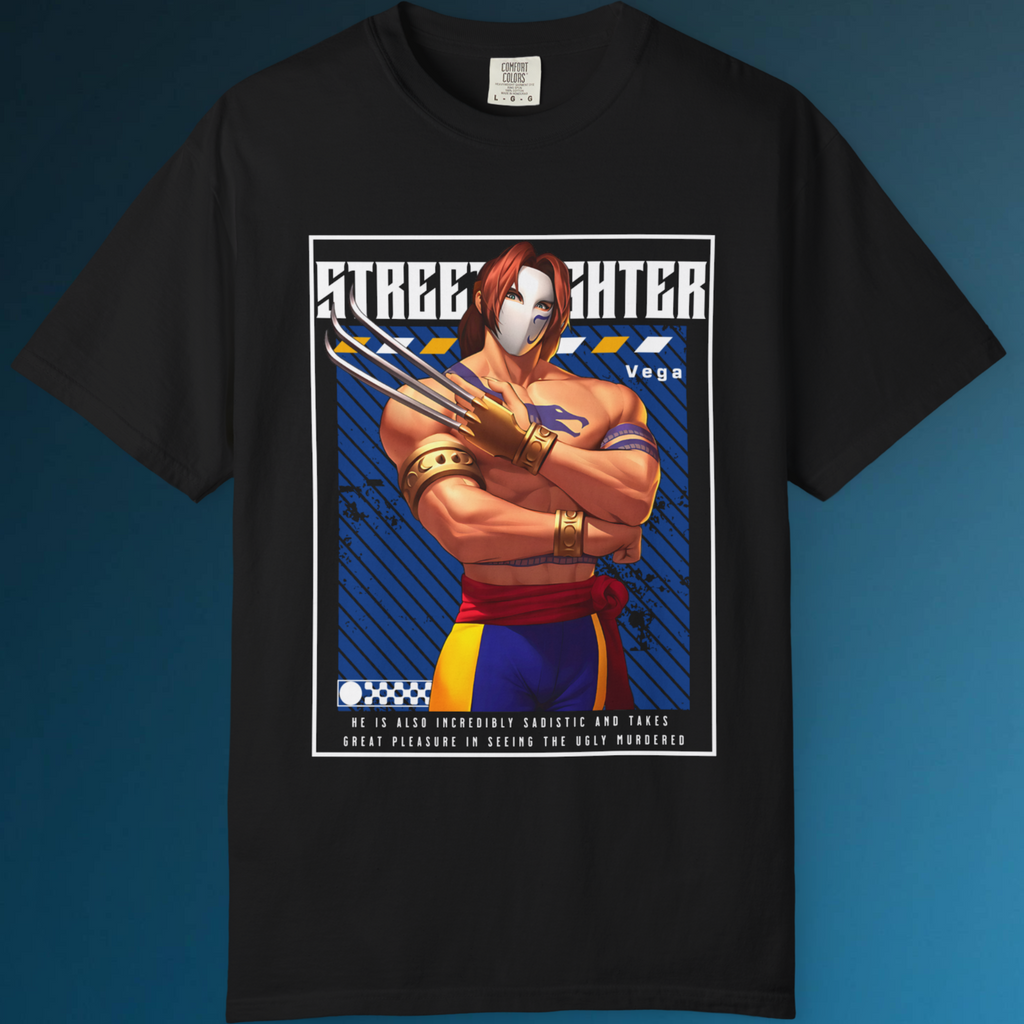 "Retro gamer shirt featuring Vega from Street Fighter in bold arcade design"