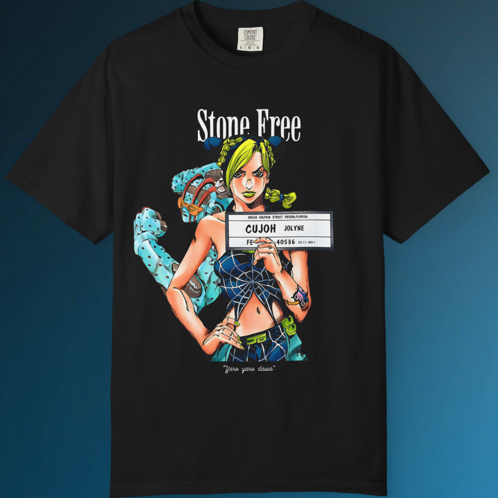 Black JoJo Stone Ocean shirt with Jolyne Cujoh graphic for anime streetwear fans.