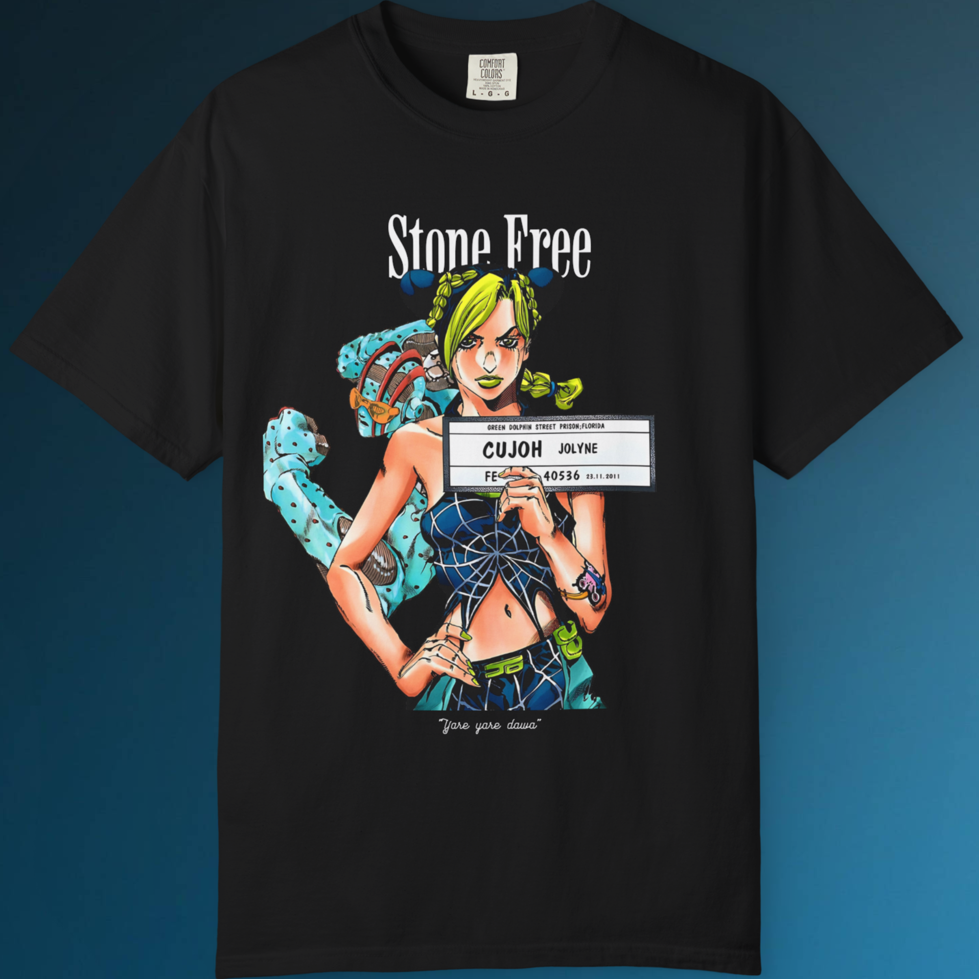 Black JoJo Stone Ocean shirt with Jolyne Cujoh graphic for anime streetwear fans.