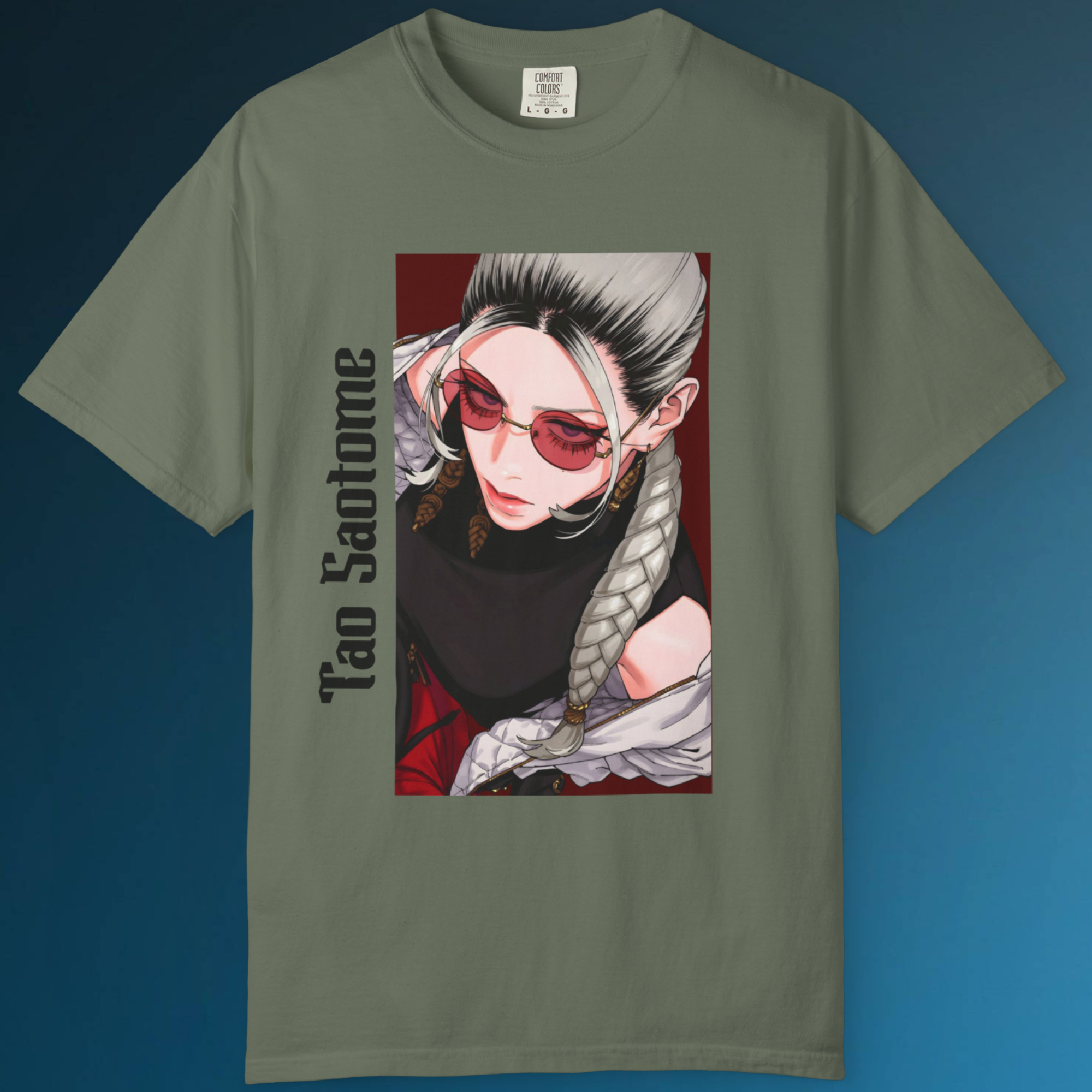 "Gokurakugai Tao Saotome graphic tee for anime fans in trendy streetwear design"