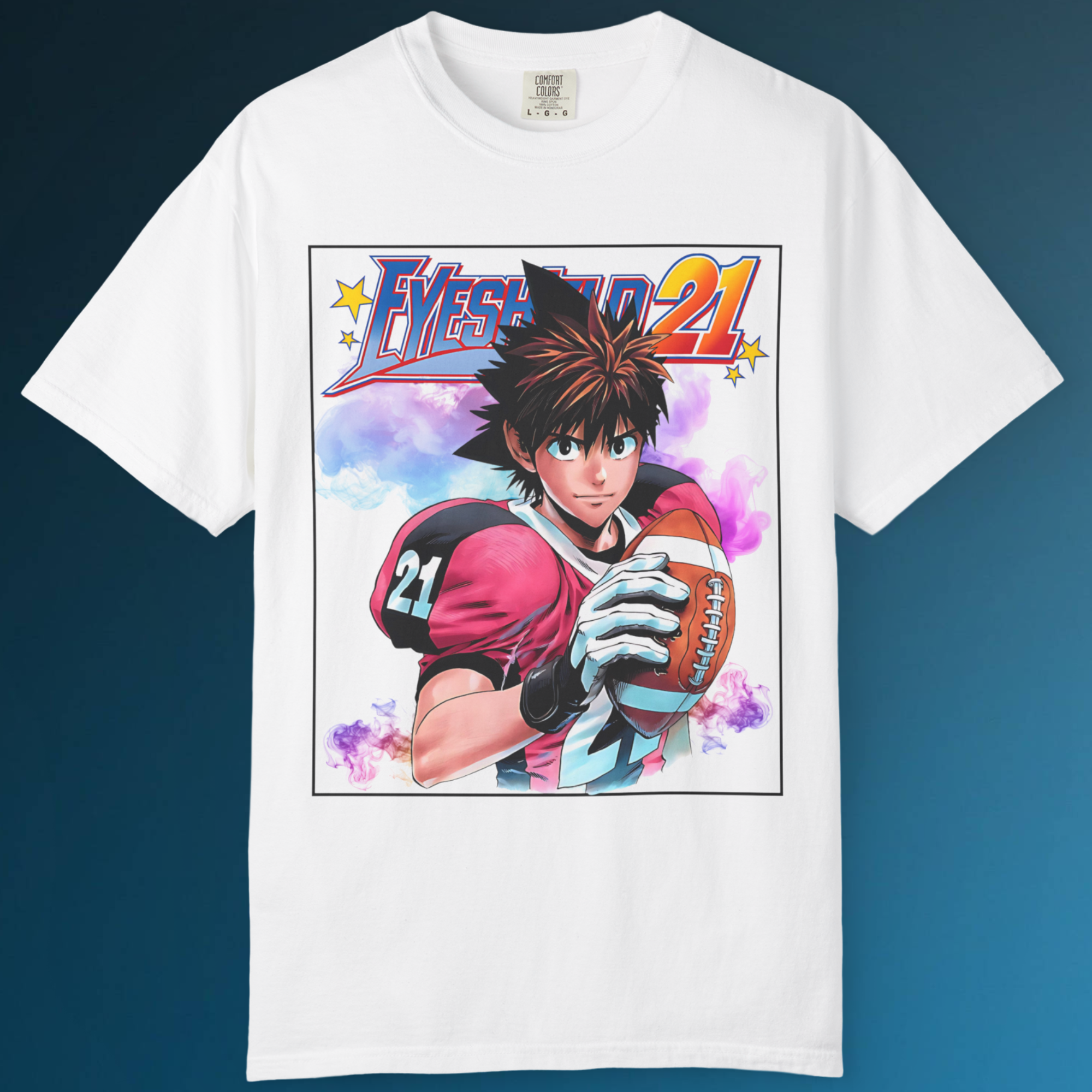 Black unisex graphic tee showcasing Japanese anime football hero Eyeshield 21.