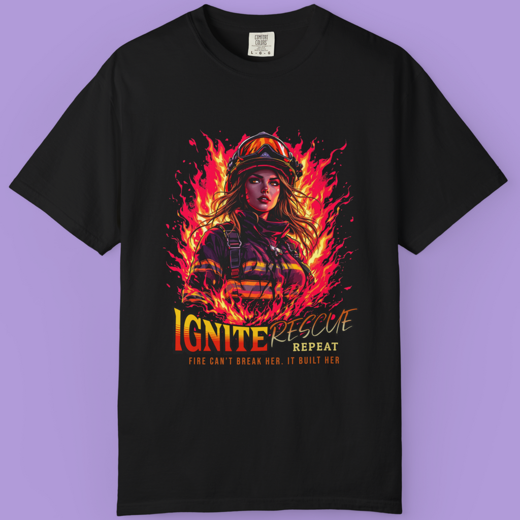 Fire rescue graphic tee for women with firefighter flame print.