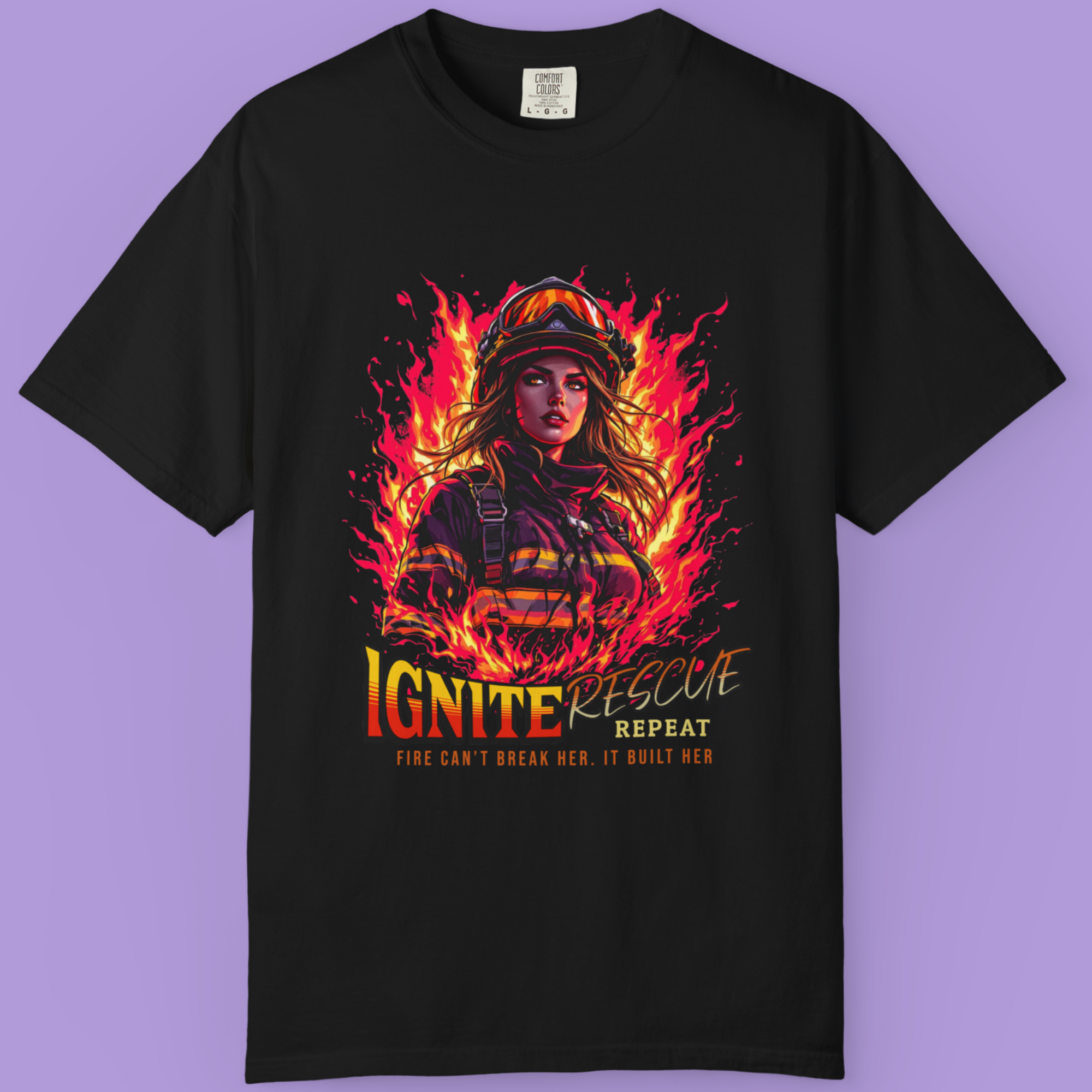 Fire rescue graphic tee for women with firefighter flame print.