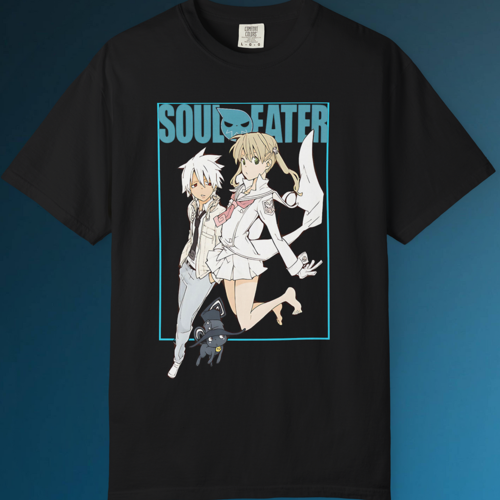 Black cotton otaku streetwear shirt with Soul Eater characters Maka and Soul in detailed graphic art.