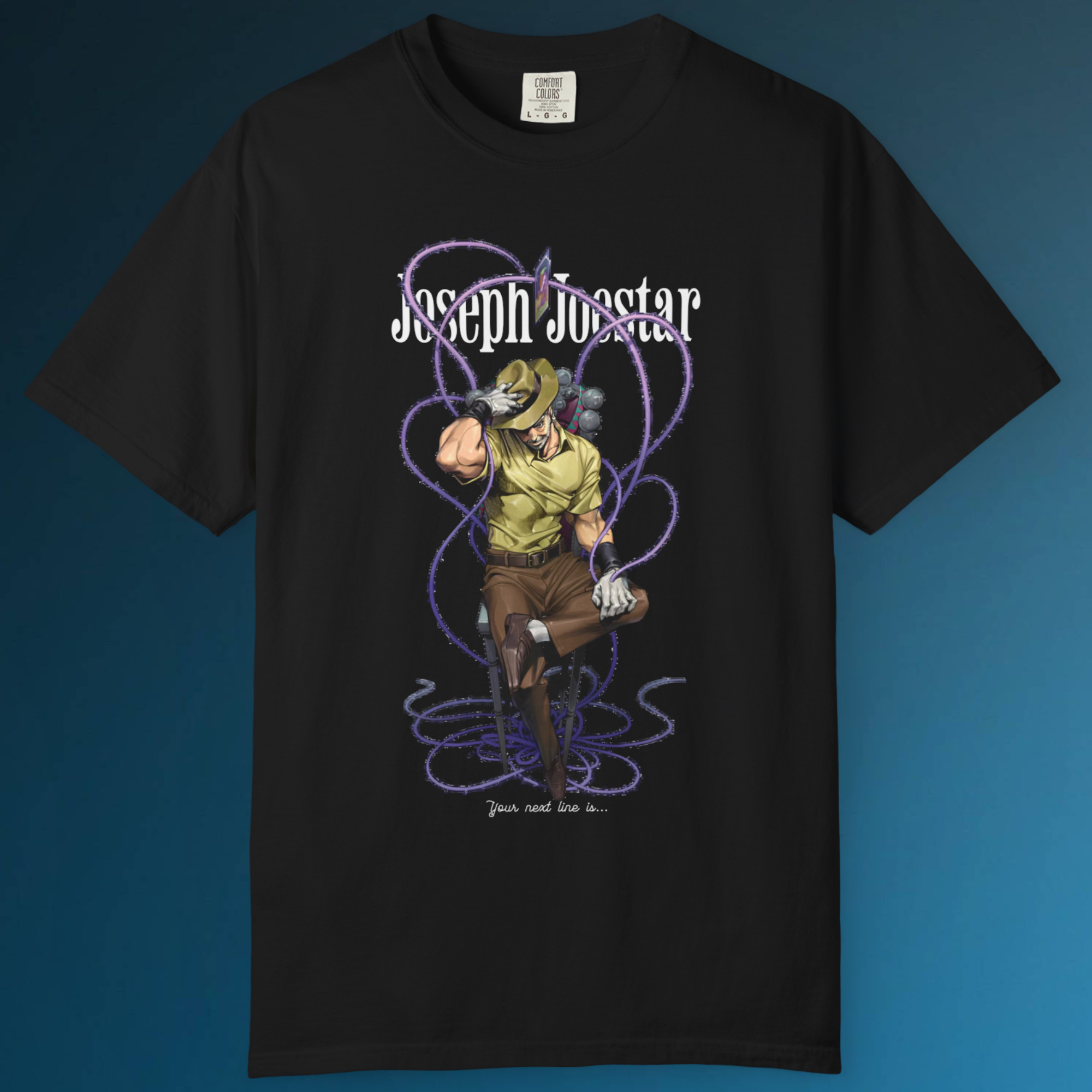 JoJo’s Bizarre Adventure Joseph Joestar shirt with bold manga artwork for anime streetwear fans.