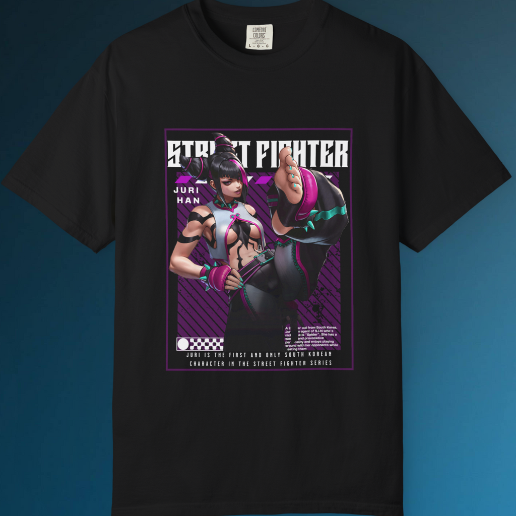 "Anime streetwear t-shirt with Juri Han design, perfect for gaming fans and cosplay lovers"