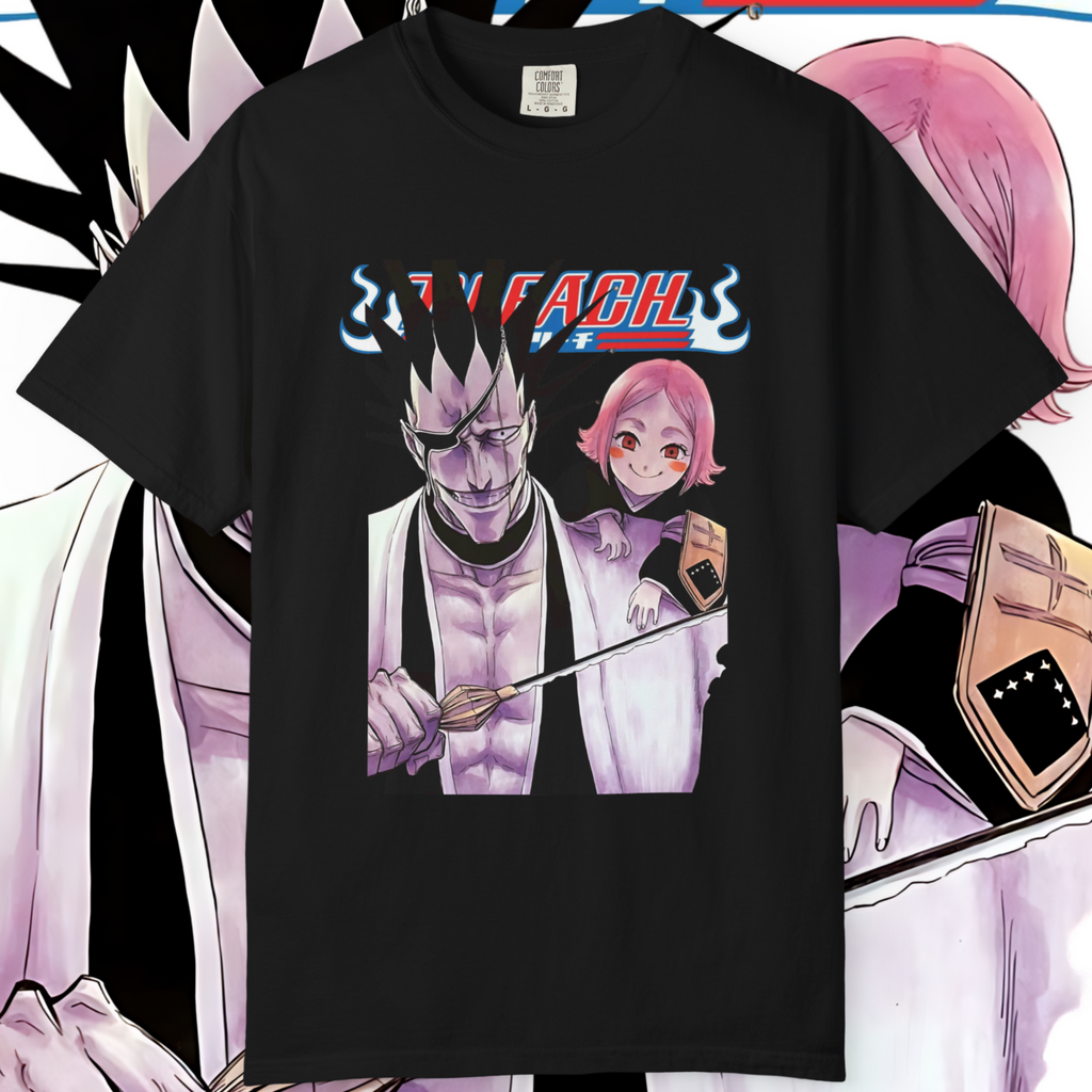 "Black Bleach graphic tee featuring Kenpachi Zaraki and Yachiru artwork"