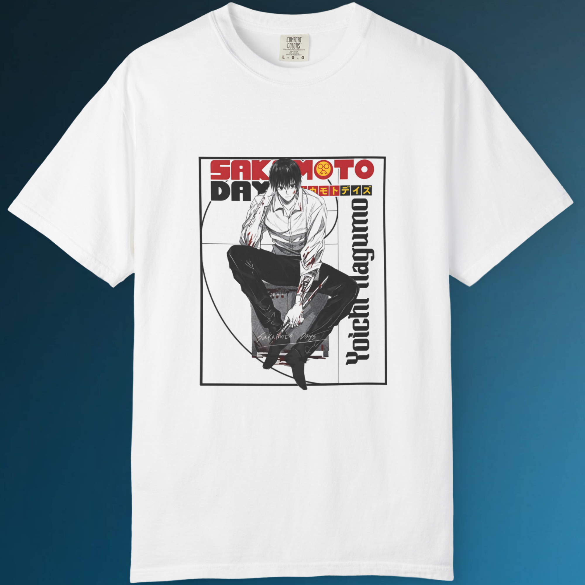 Manga-inspired Yoichi Nagumo graphic tee from Sakamoto Days perfect for Japanese anime lovers