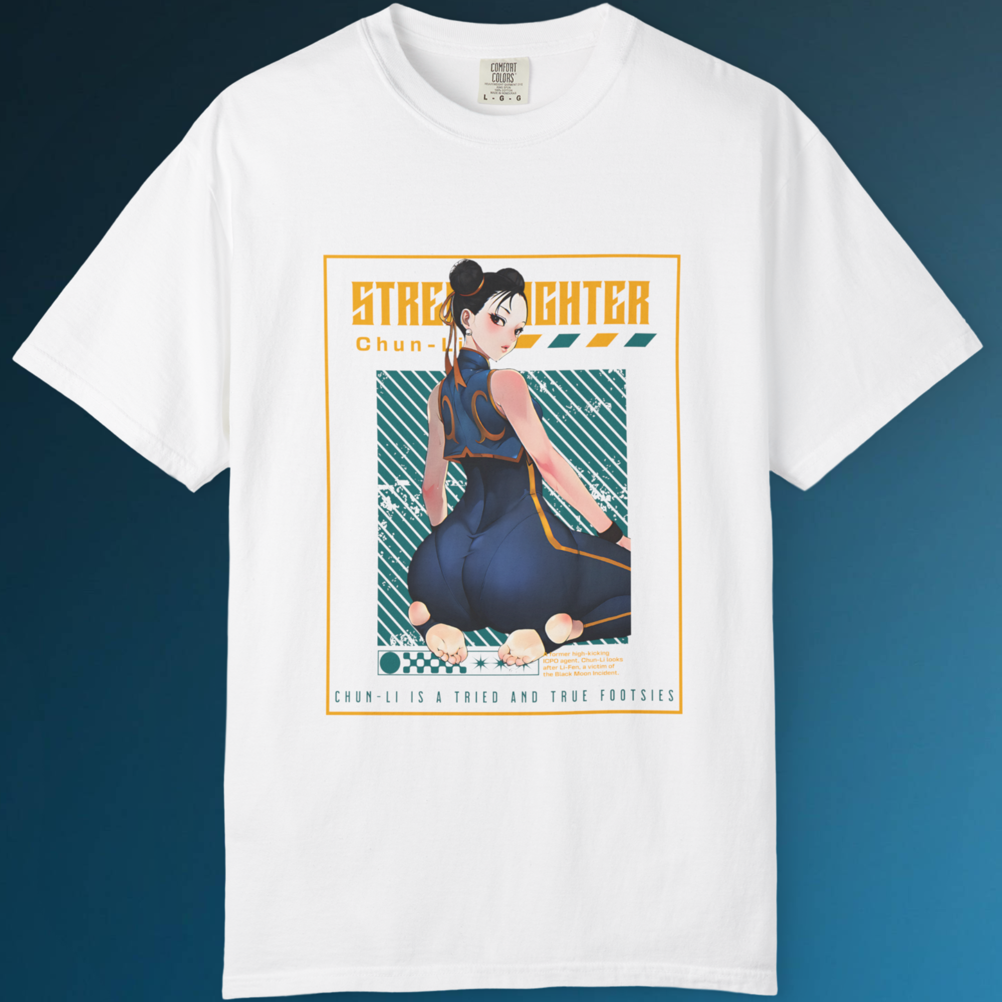 "Classic Street Fighter character Chun-Li printed on white unisex cotton shirt"