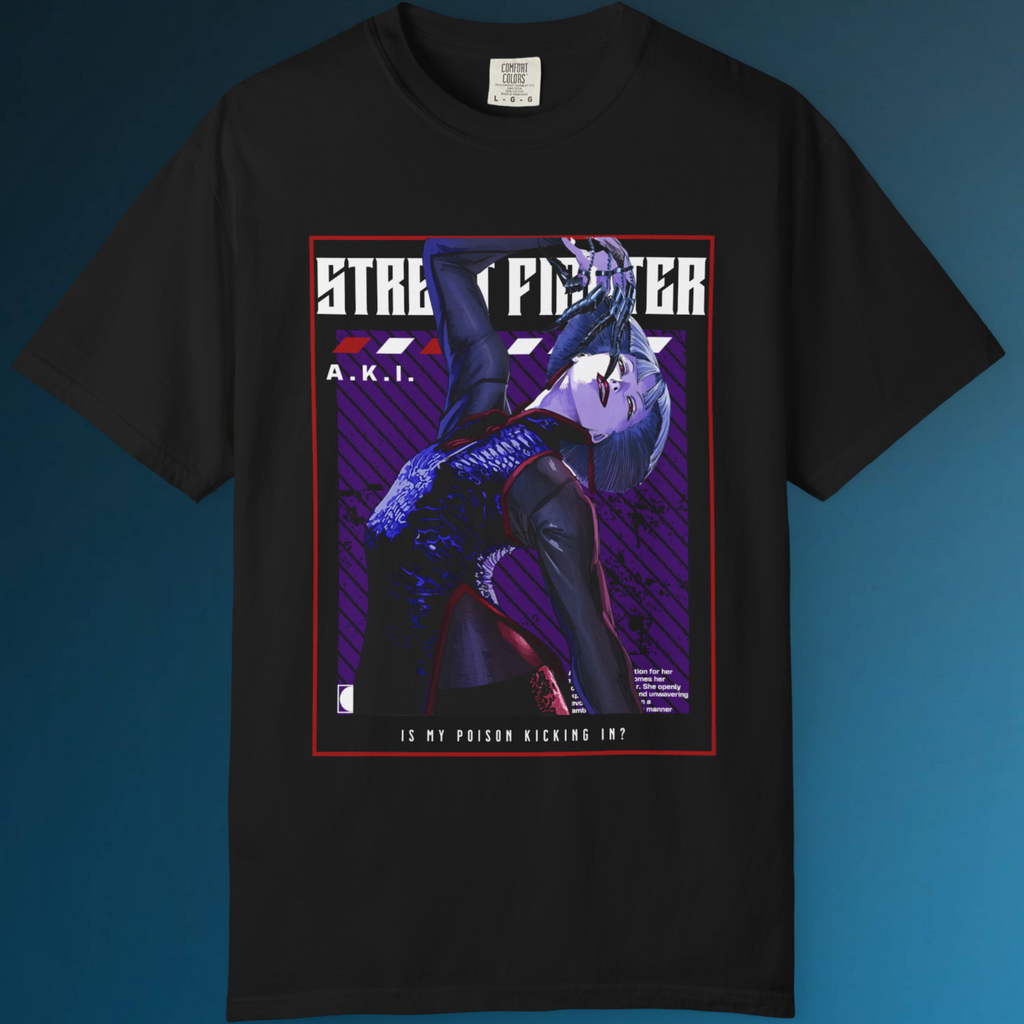 Poison-themed A.K.I. Street Fighter t-shirt for gamers and anime streetwear fans