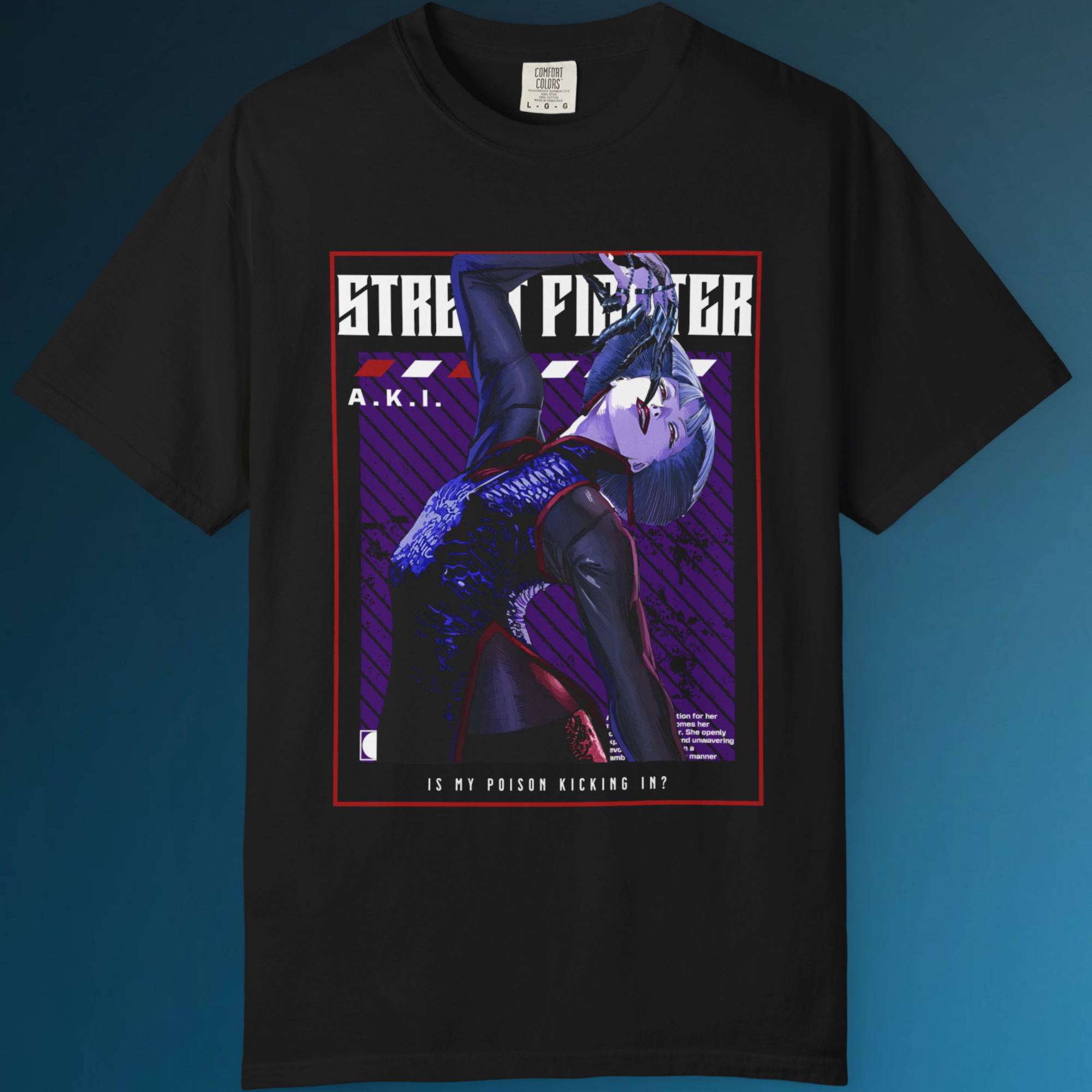 Poison-themed A.K.I. Street Fighter t-shirt for gamers and anime streetwear fans