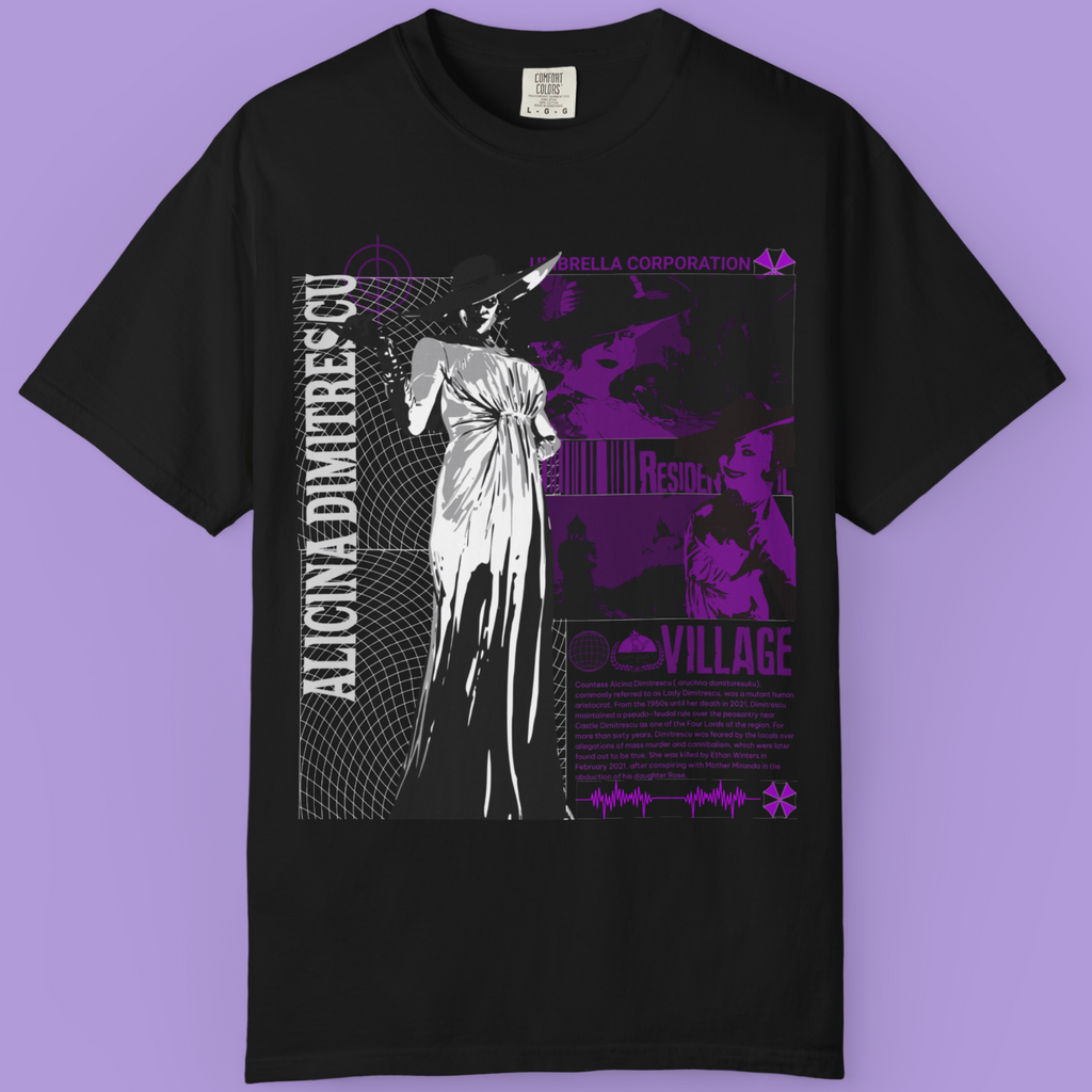 Gamer fashion Resident Evil T-Shirt featuring Lady Dimitrescu in bold gothic vampire style.