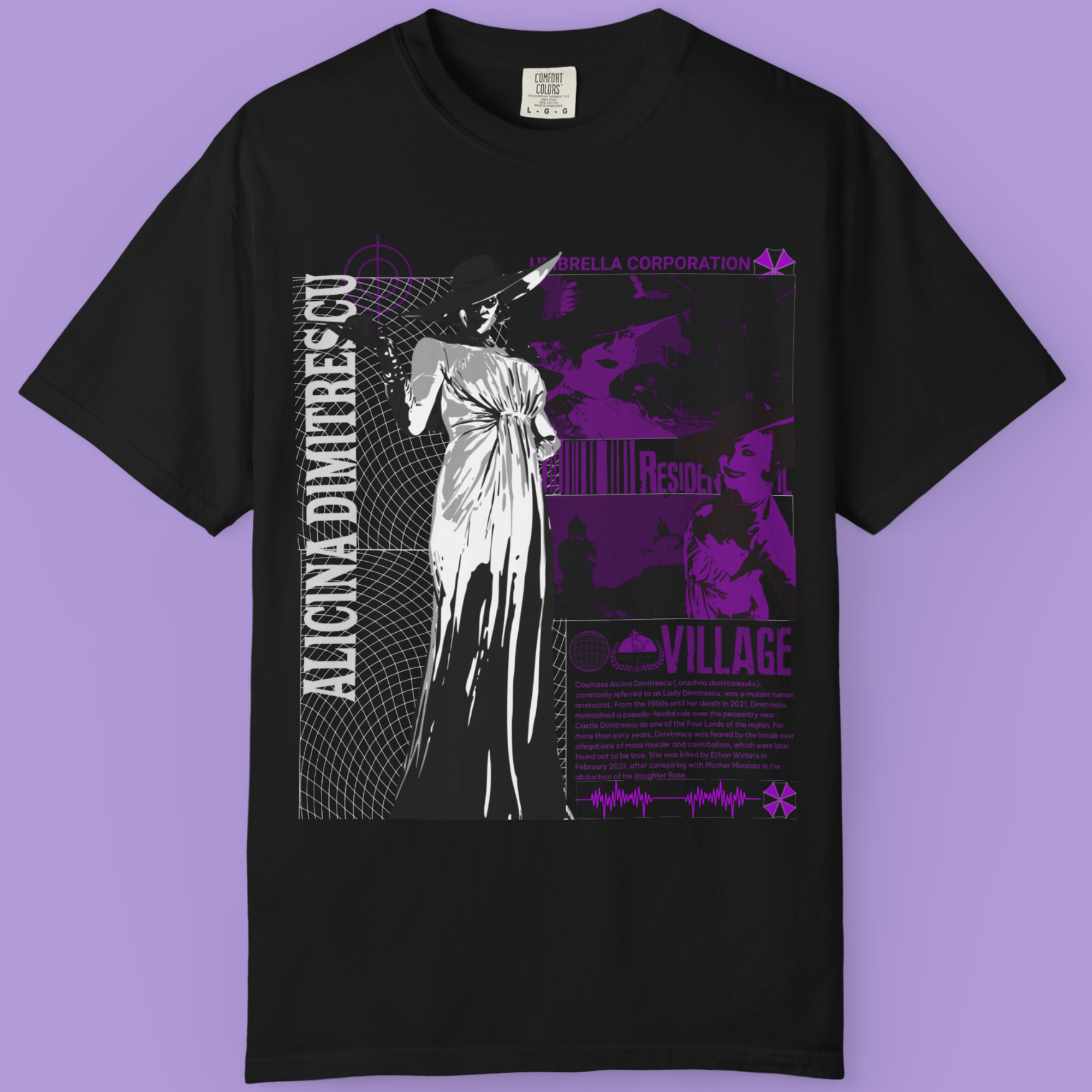 Gamer fashion Resident Evil T-Shirt featuring Lady Dimitrescu in bold gothic vampire style.