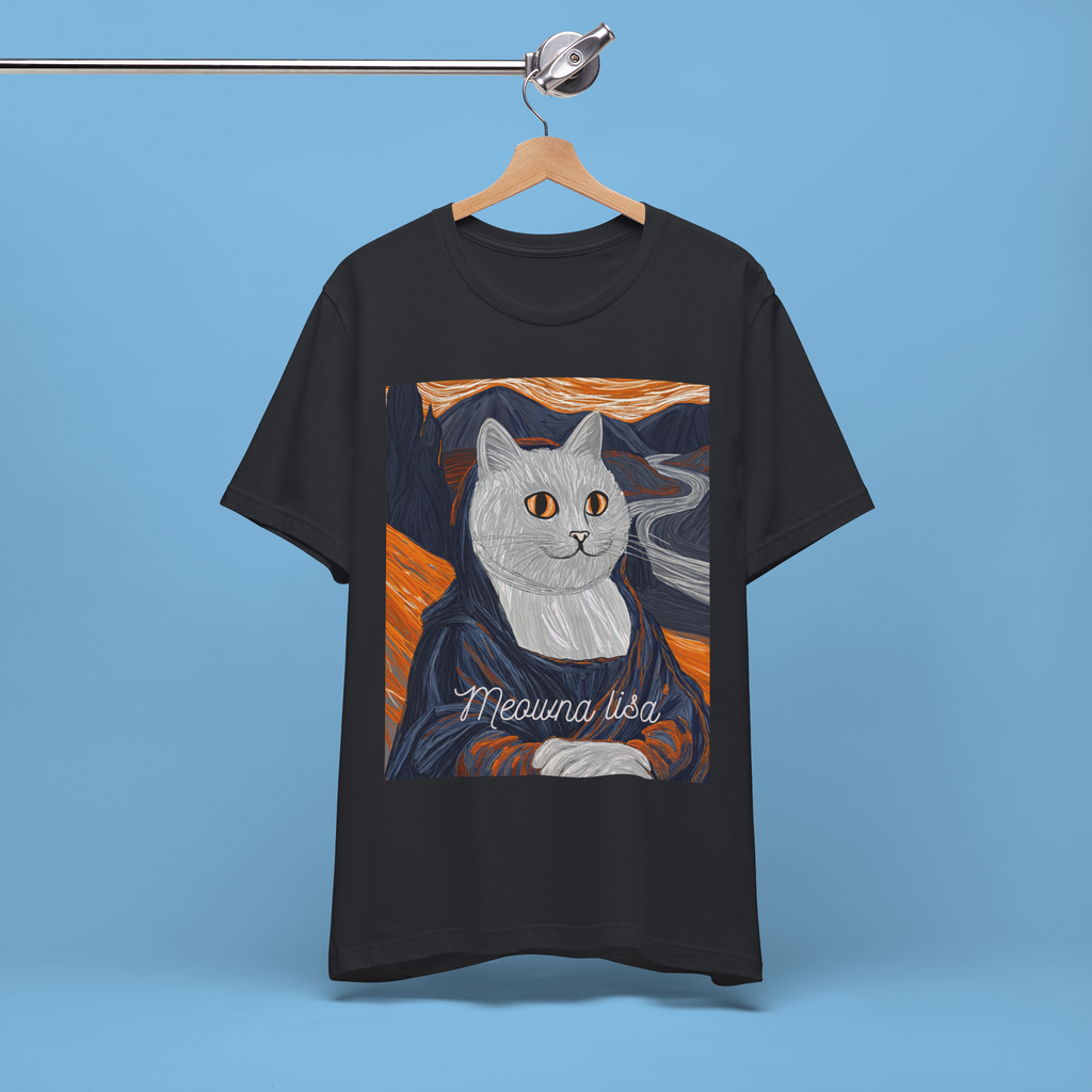 Meowna Lisa cat t-shirt featuring a funny parody of the Mona Lisa painting, perfect gift for cat lovers.
