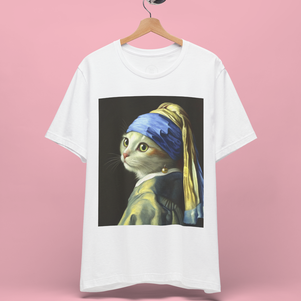 Cat with Pearl Earring Graphic T-Shirt - A graphic t-shirt featuring a Vermeer satire hanging on a wooden hanger, pink background.