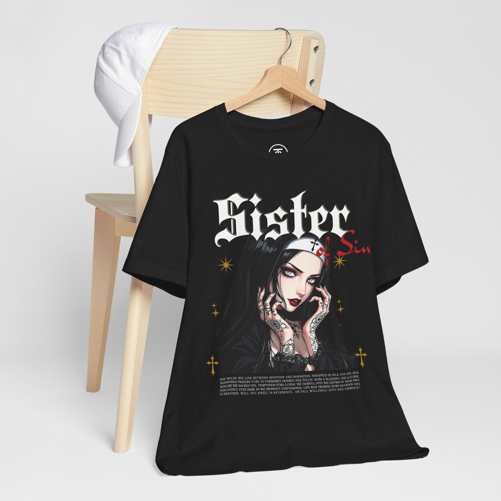 E-Girl Alt Fashion shirt design with a detailed tattooed nun character and subtle horror themes.