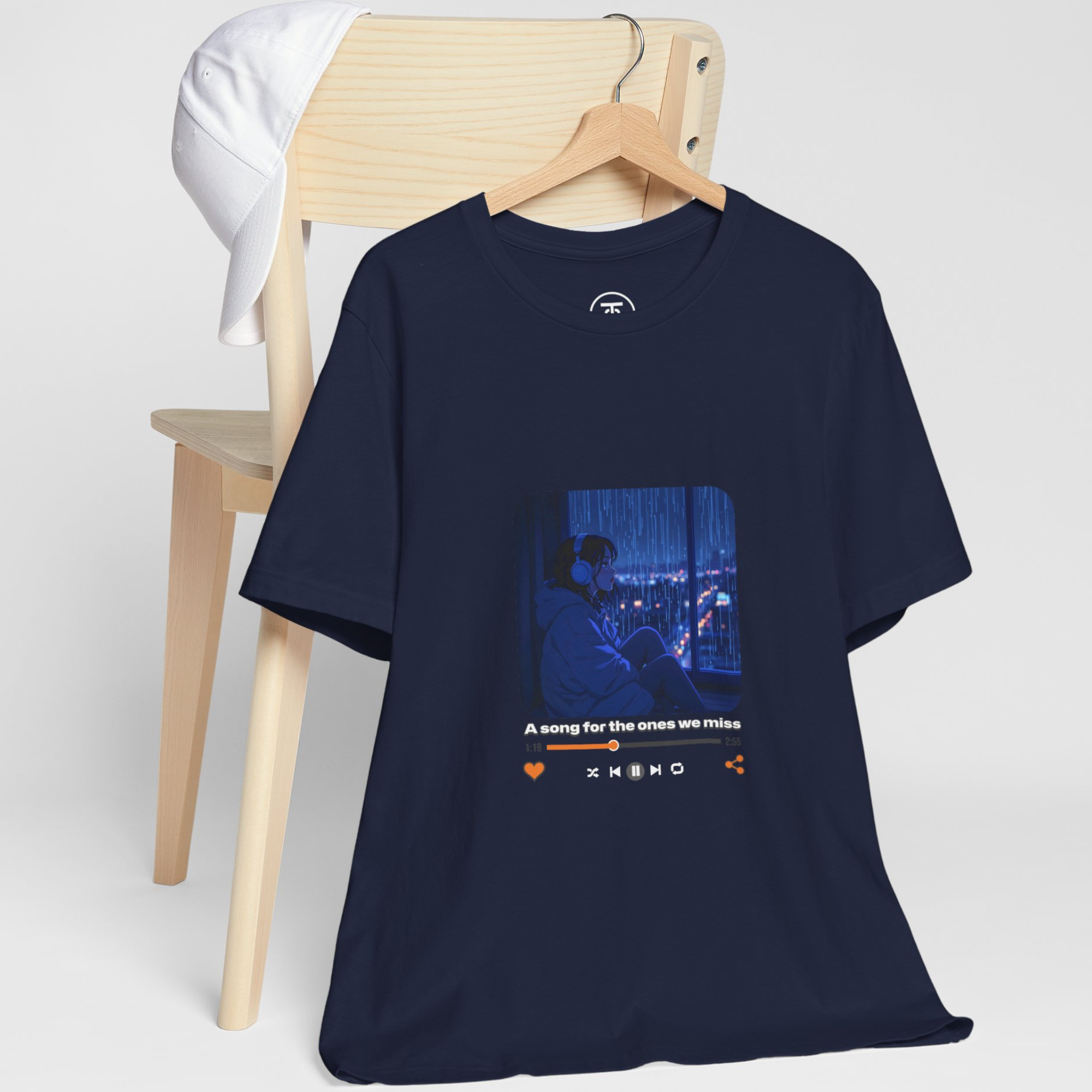 "Emotional rainy night anime t-shirt in lo-fi style, soft unisex Bella+Canvas 3001 for everyday wear"